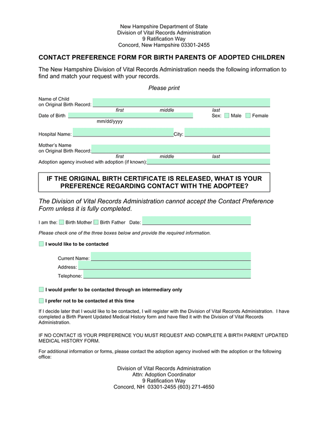 Contact Preference Form For Birth Parents Of Adopted Children screenshot