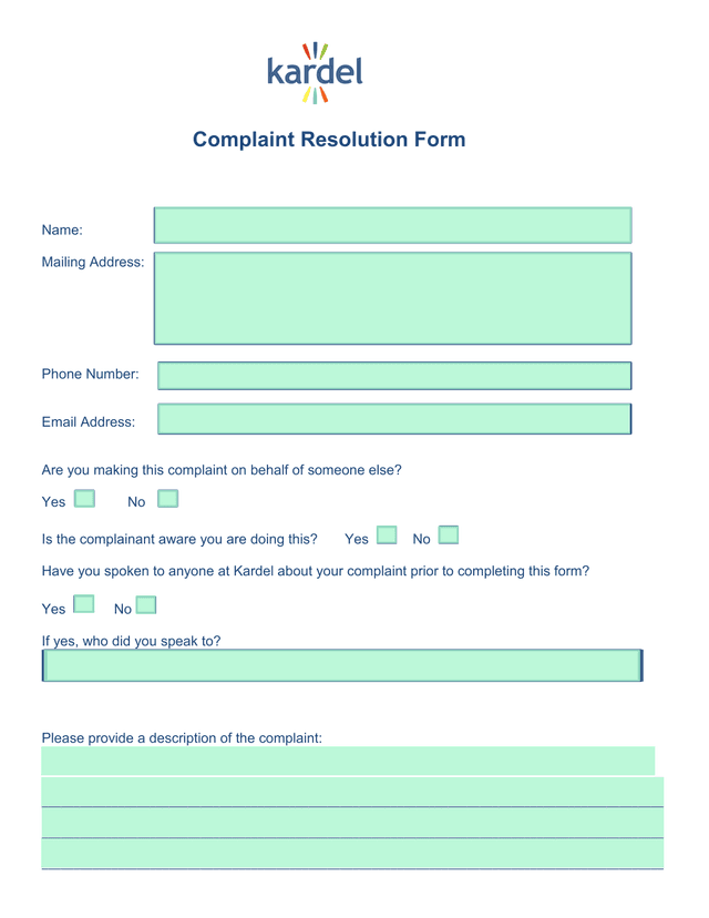Complaint Resolution Form screenshot