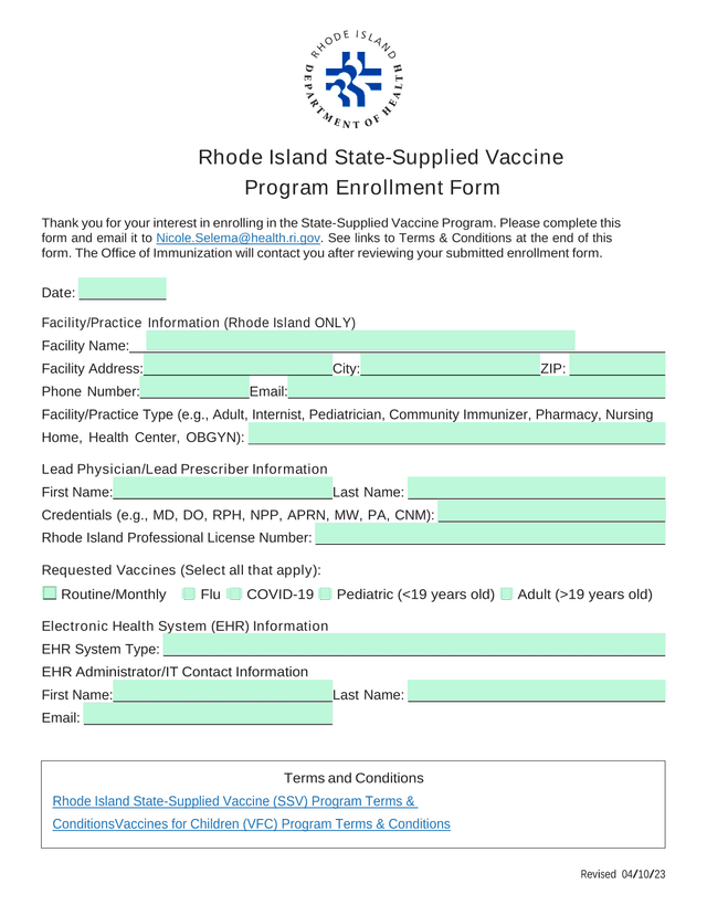Rhode Island State Supplied Vaccine Program Enrollment Form screenshot
