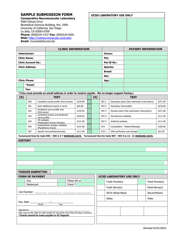 Veterinary Muscle And Nerve Test Submission Form screenshot