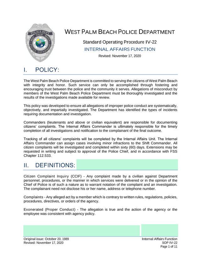 Standard Operating Procedure IV 22 Internal Affairs Function screenshot