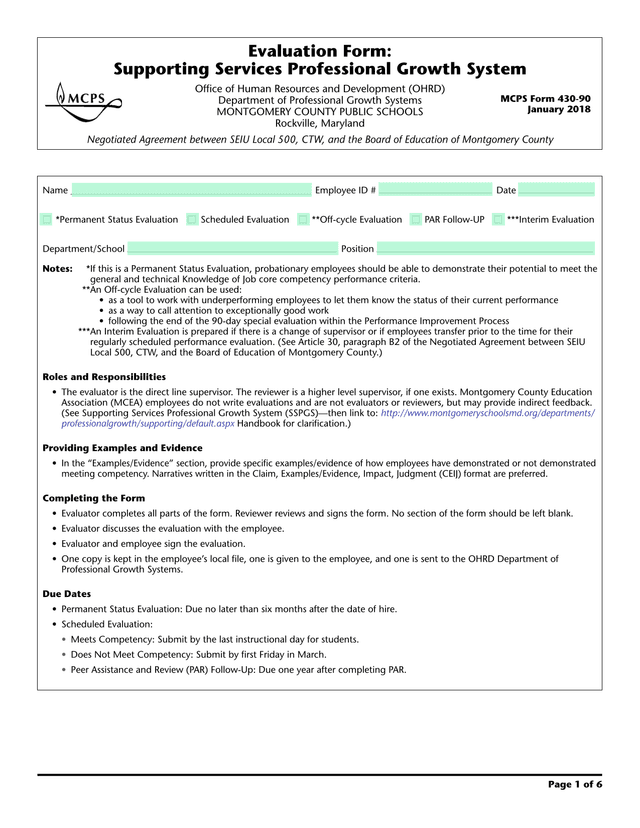 Evaluation Form Supporting Services Professional Growth System screenshot