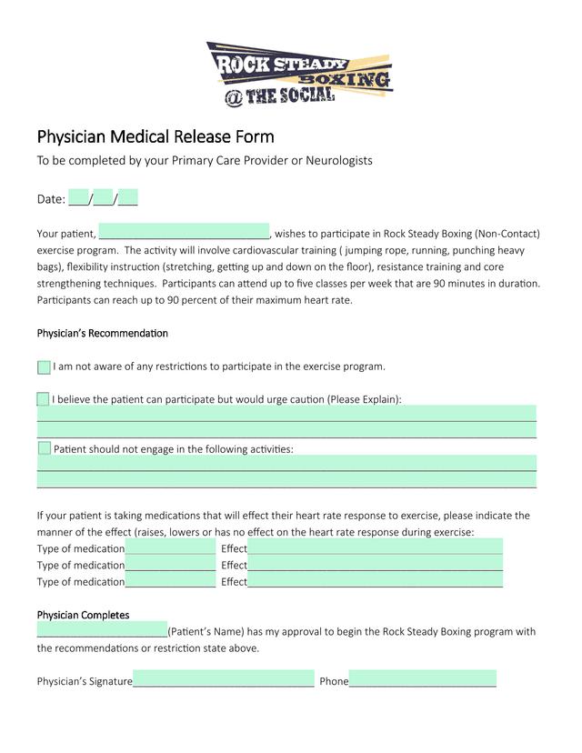 Physician Medical Release Form screenshot
