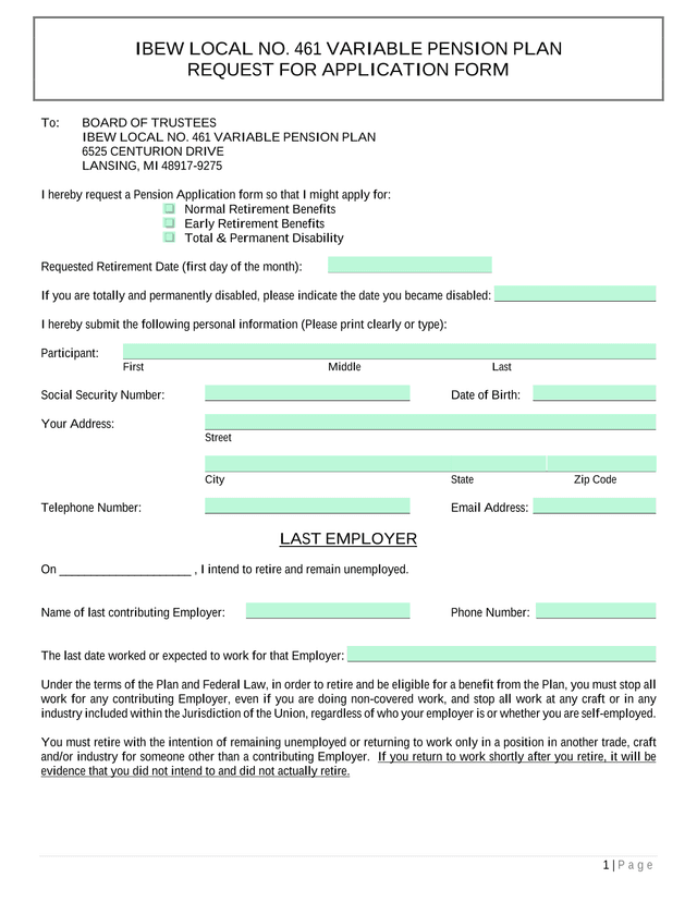 IBEW LOCAL NO. 461 VARIABLE PENSION PLAN REQUEST FOR APPLICATION FORM screenshot