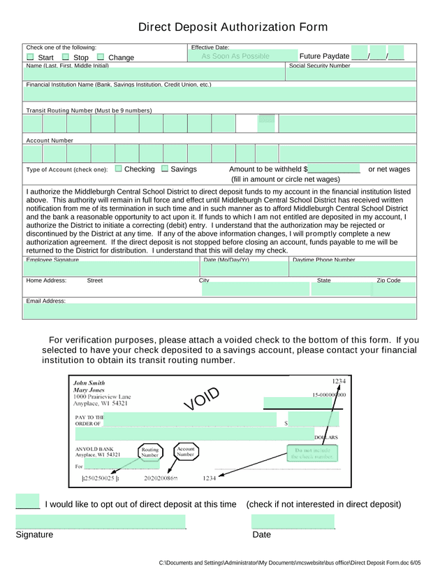 Direct Deposit Authorization Form screenshot