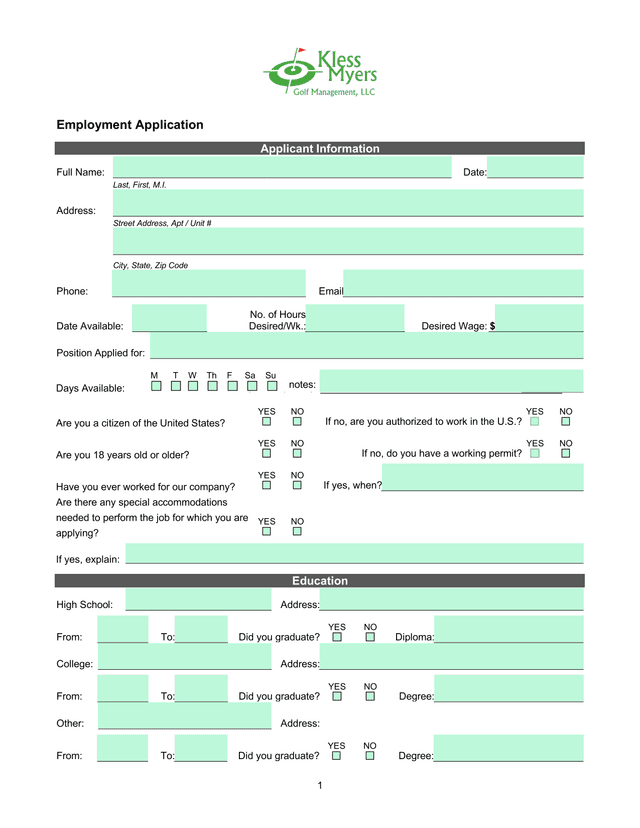 Employment Application screenshot