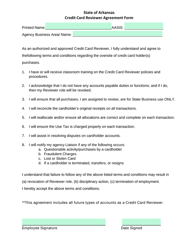Credit Card Reviewer Agreement Form screenshot