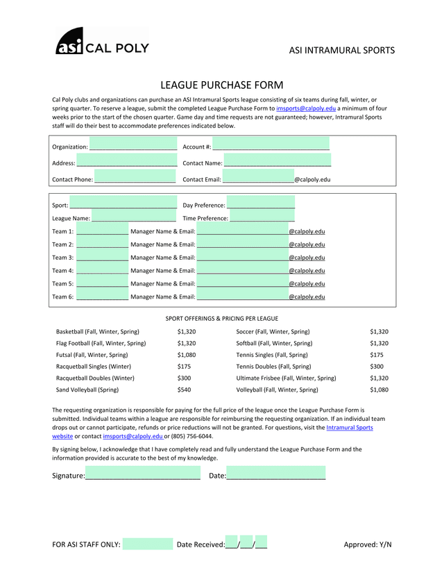 League Purchase Form screenshot