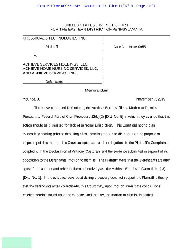 Memorandum   Crossroads Technologies, Inc. V. Achieve Services Holdings, LLC, Et Al. screenshot