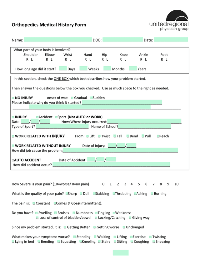 Orthopedics Medical History Form screenshot