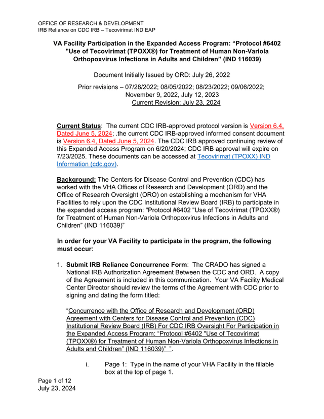 VA Facility Participation In Tecovirimat Expanded Access Program screenshot