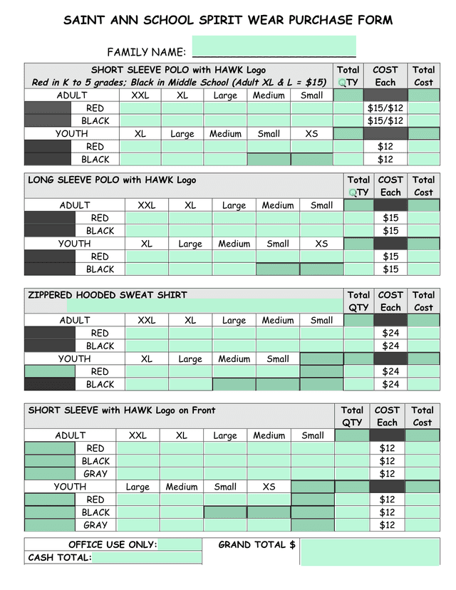 SAINT ANN SCHOOL SPIRIT WEAR PURCHASE FORM screenshot