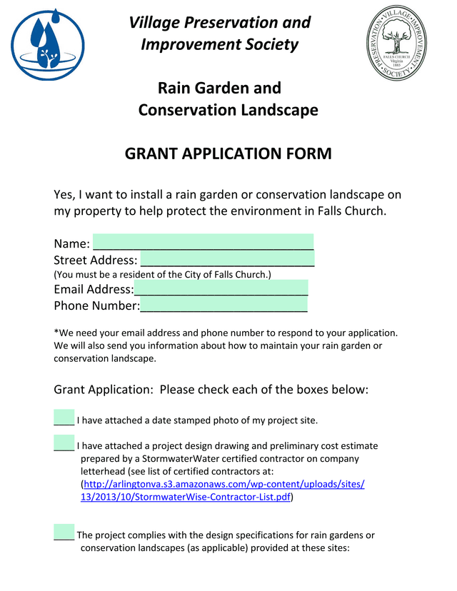 Rain Garden And Conservation Landscape Grant Application Form screenshot