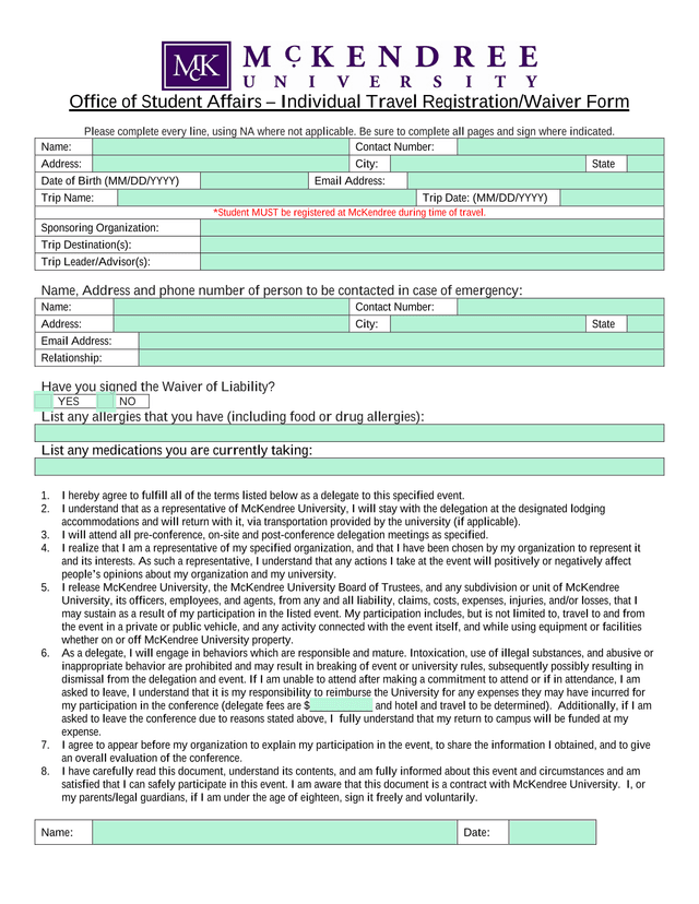 Individual Travel RegistrationWaiver Form screenshot