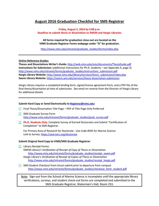 August 2016 Graduation Checklist For SMS Registrar screenshot