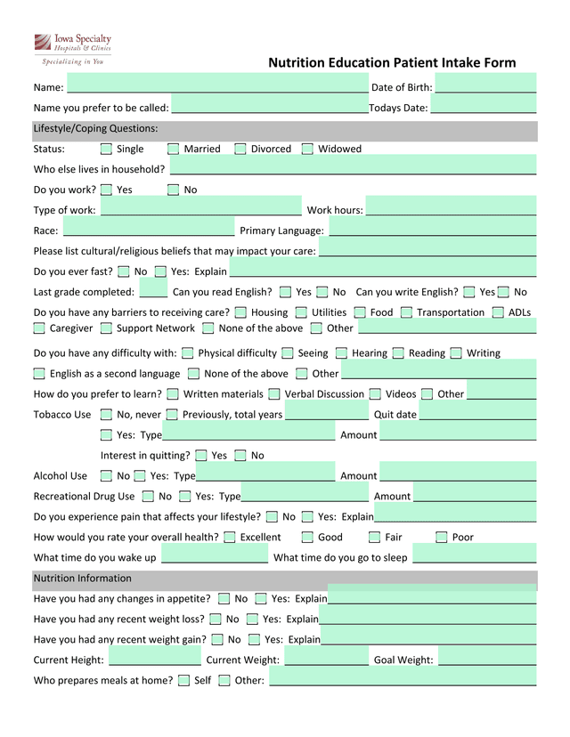 Nutrition Education Patient Intake Form screenshot