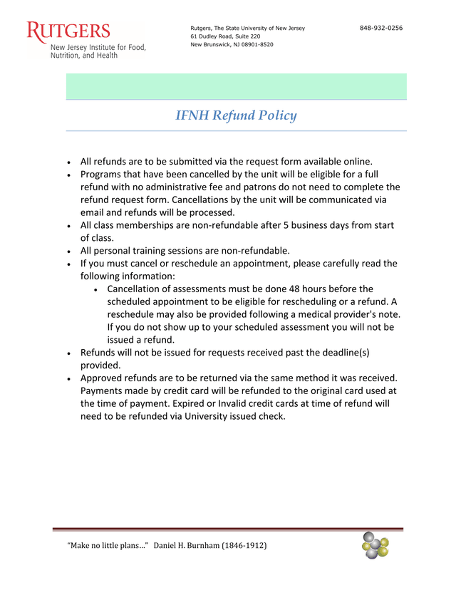 IFNH Refund Policy screenshot