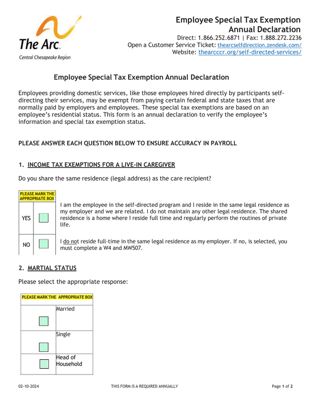 Employee Special Tax Exemption Annual Declaration screenshot