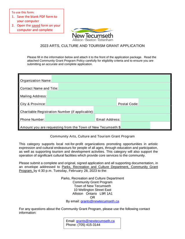 2023 ARTS, CULTURE AND TOURISM GRANT APPLICATION screenshot