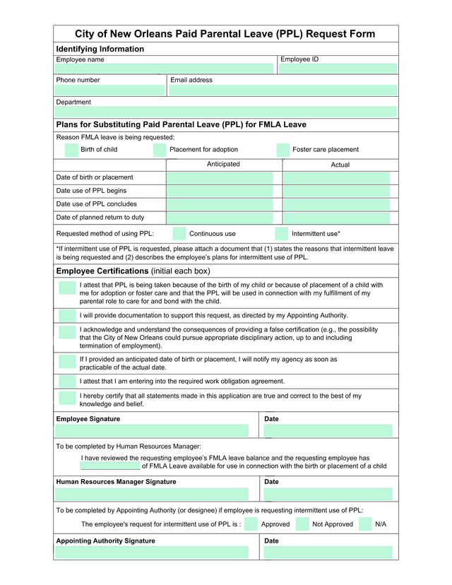 City Of New Orleans Paid Parental Leave (PPL) Request Form screenshot