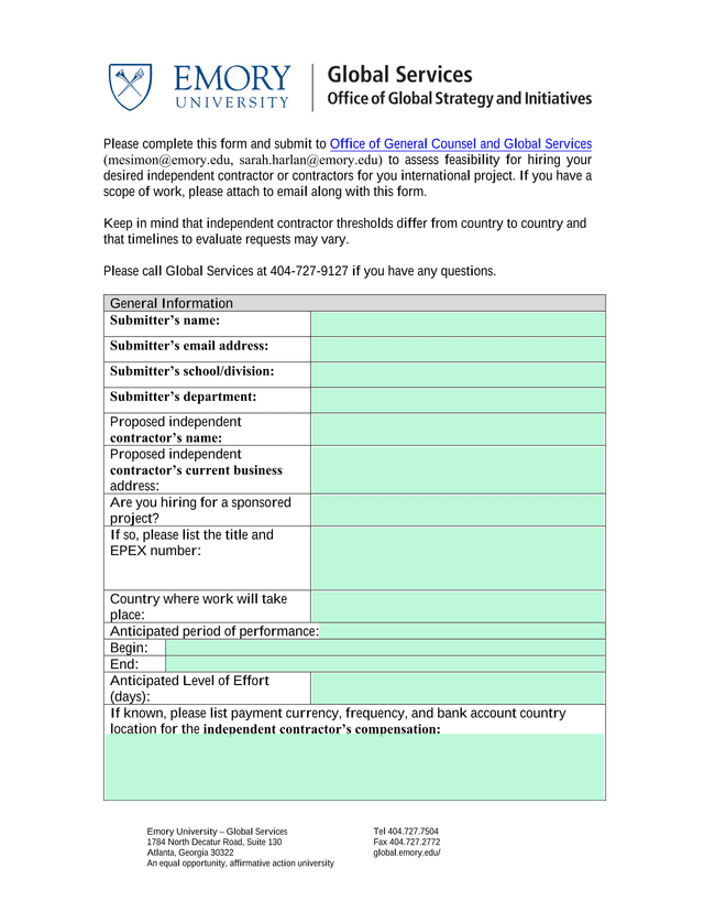 Emory University Global Services Independent Contractor Assessment Form screenshot