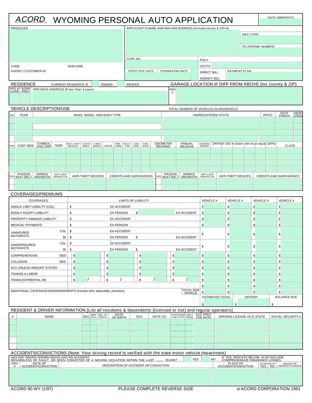Wyoming Personal Auto Application (ACORD 90) screenshot