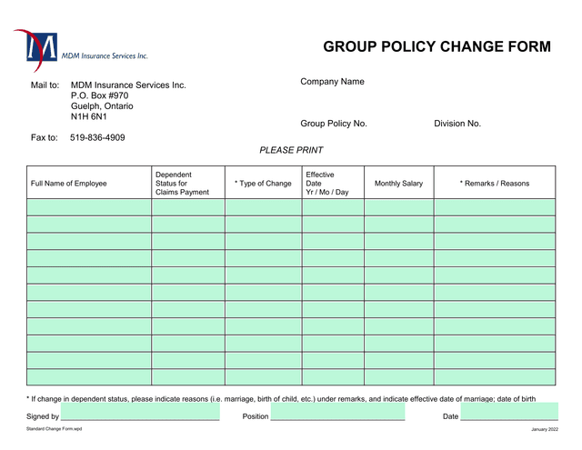 GROUP POLICY CHANGE FORM screenshot
