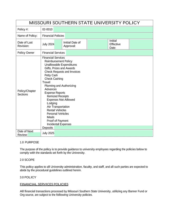 Financial Policies screenshot