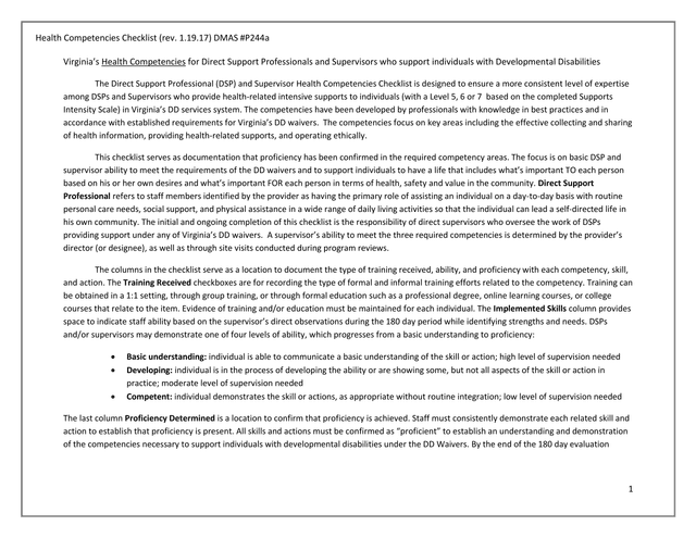Health Competencies Checklist (Rev. 1.19.17) DMAS P244a screenshot