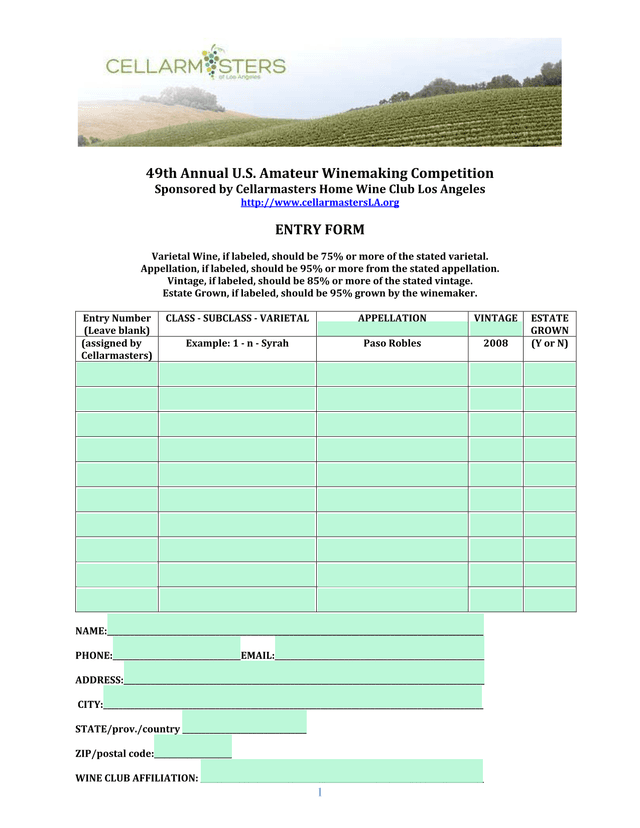 49th Annual U.S. Amateur Winemaking Competition Entry Form screenshot