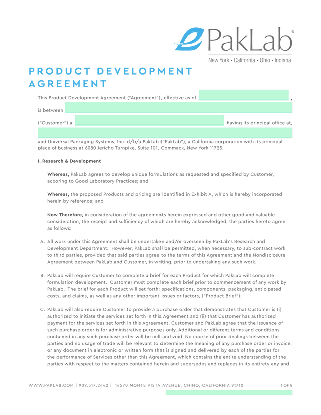 Product Development Agreement screenshot