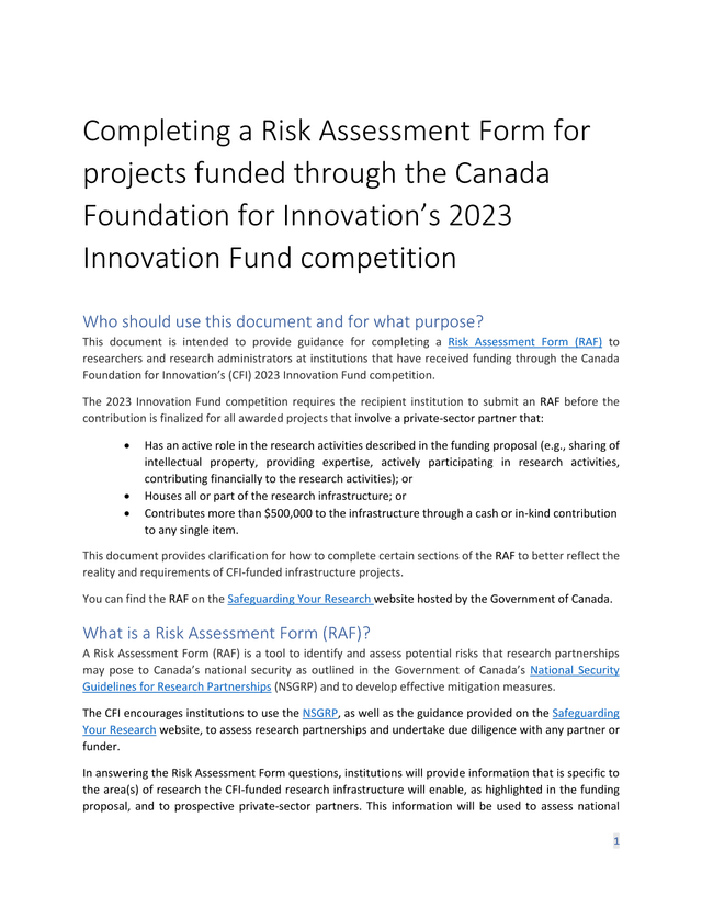 Completing A Risk Assessment Form For Projects Funded Through The Canada Foundation For InnovationS  screenshot