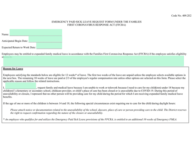 Emergency Paid Sick Leave Request Form Under The Families First Coronavirus Response Act (FFCRA) screenshot