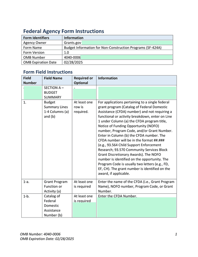 Budget Information For Non Construction Programs (SF 424A) screenshot