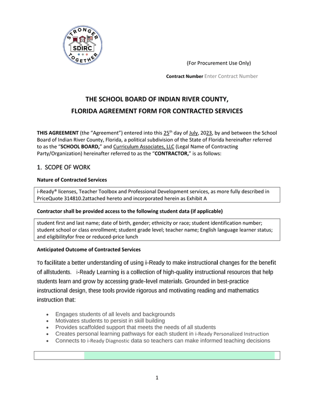 Agreement Form For Contracted Services screenshot