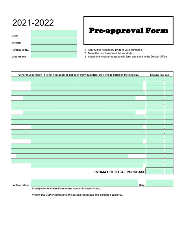 Pre Approval Form screenshot