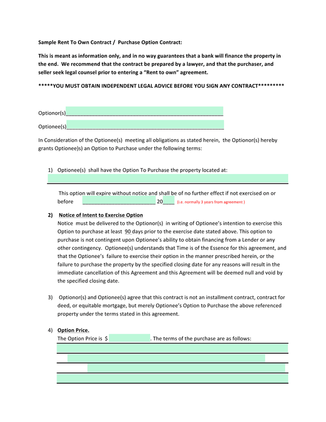 Rent To Own Contract  Purchase Option Contract screenshot