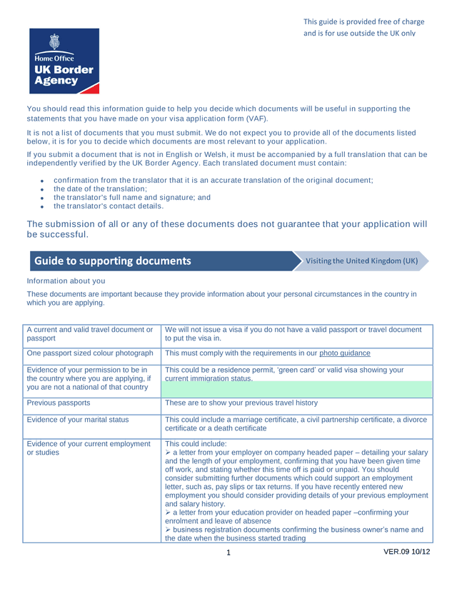Visa Application Document Guidance screenshot