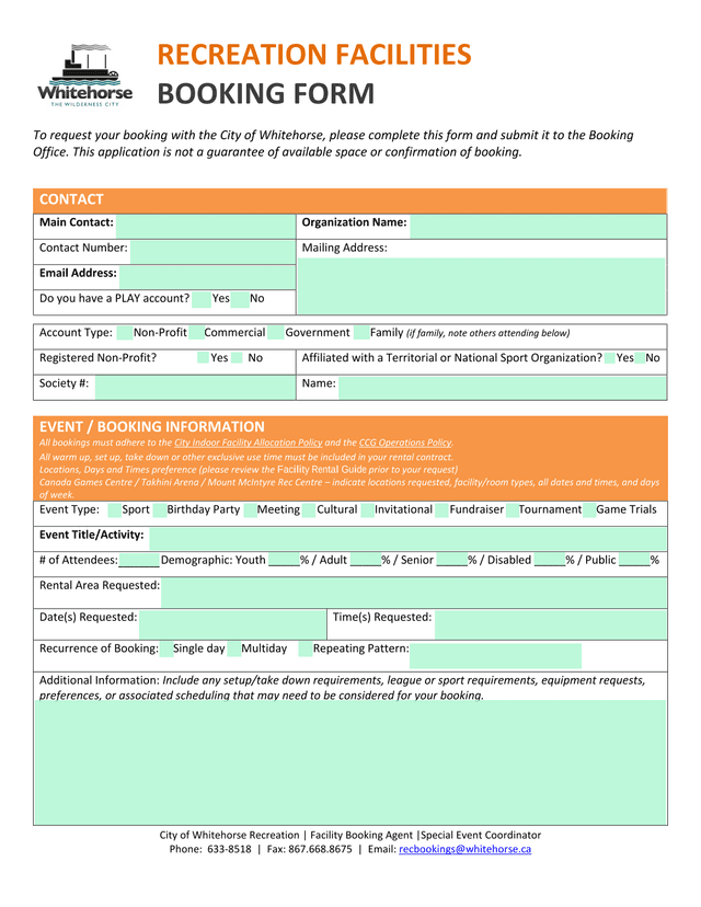 Recreation Facilities Booking Form screenshot