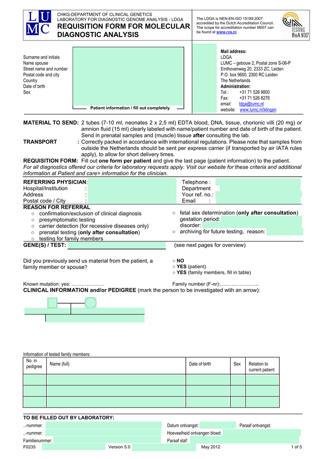 LDGA Requisition Form For Molecular Diagnostic Analysis screenshot