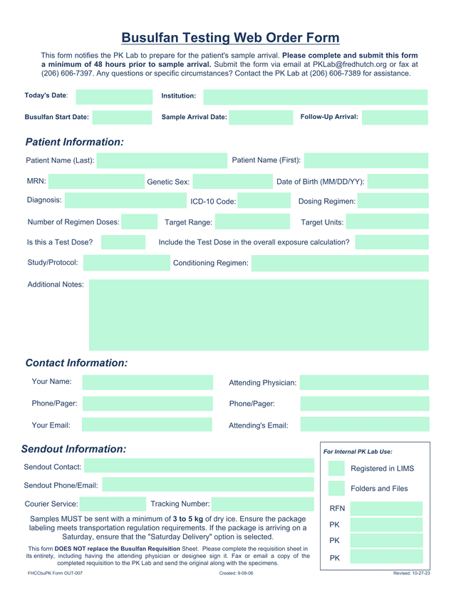 Busulfan Testing Web Order Form screenshot