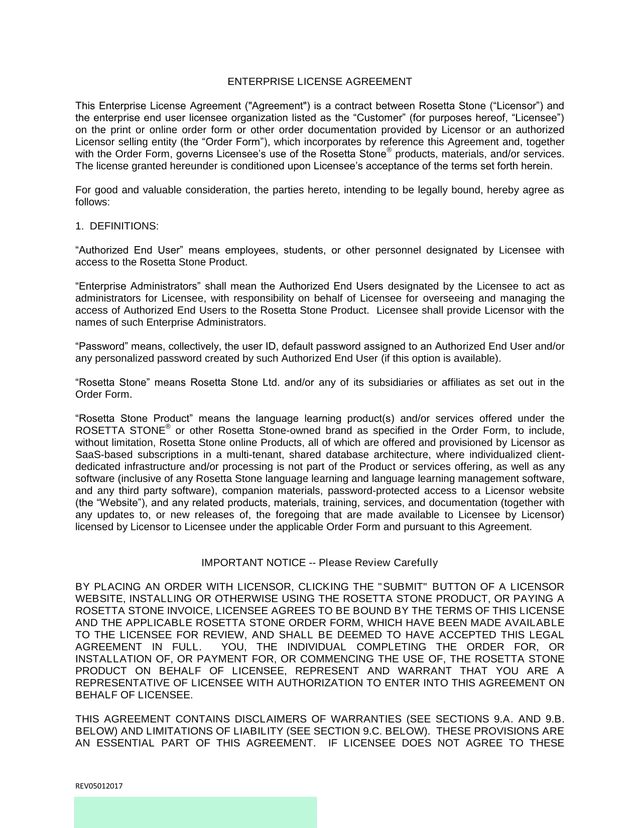 Enterprise License Agreement screenshot