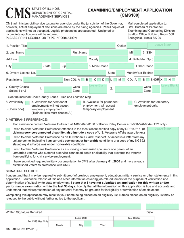 CMS100 (Rev 122013) STATE OF ILLINOIS DEPARTMENT OF CENTRAL MANAGEMENT SERVICES EXAMININGEMPLOYMENT  screenshot