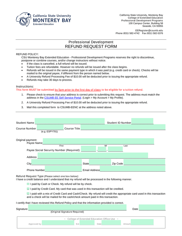 Professional Development REFUND REQUEST FORM screenshot