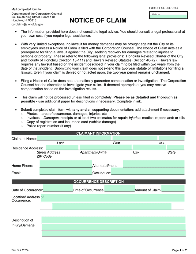 Notice Of Claim screenshot