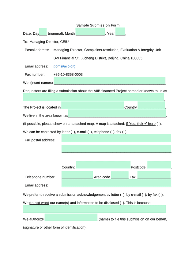 Sample Submission Form screenshot