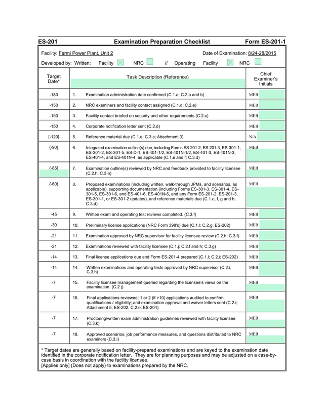 ES 201 Examination Preparation Checklist screenshot
