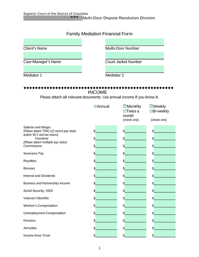 Family Mediation Financial Form screenshot