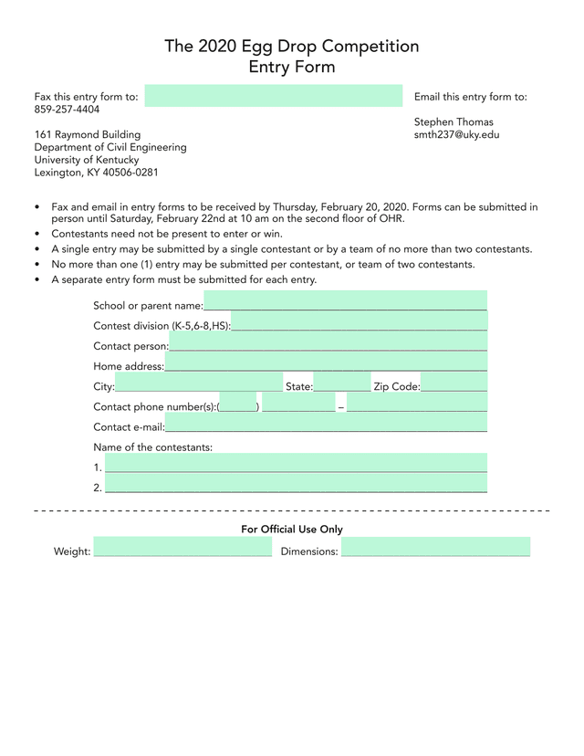 2020 Egg Drop Competition Entry Form screenshot