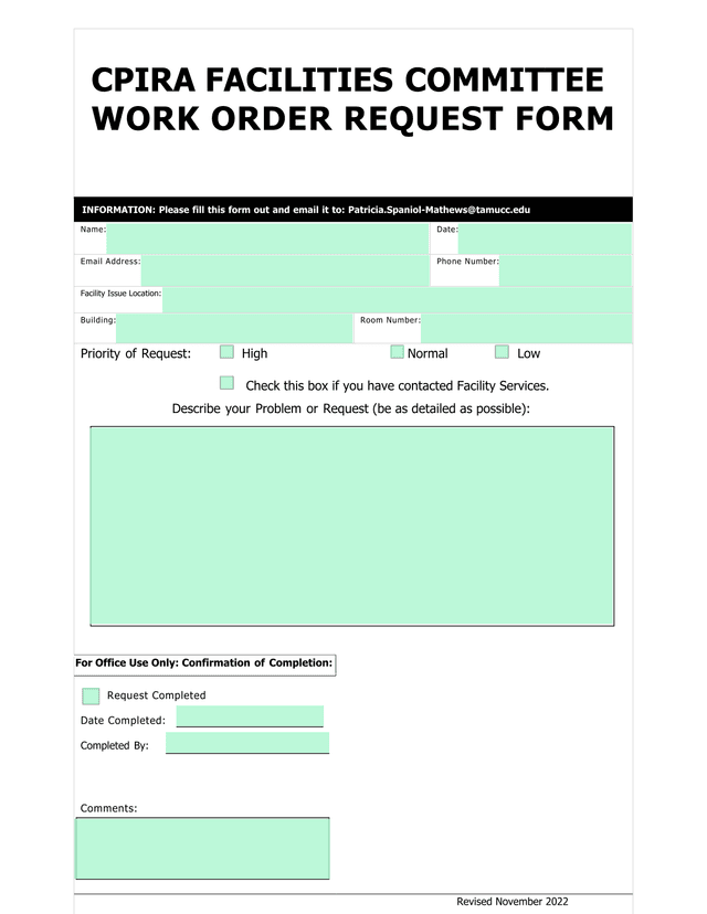 CPIRA Facilities Committee Work Order Request Form screenshot